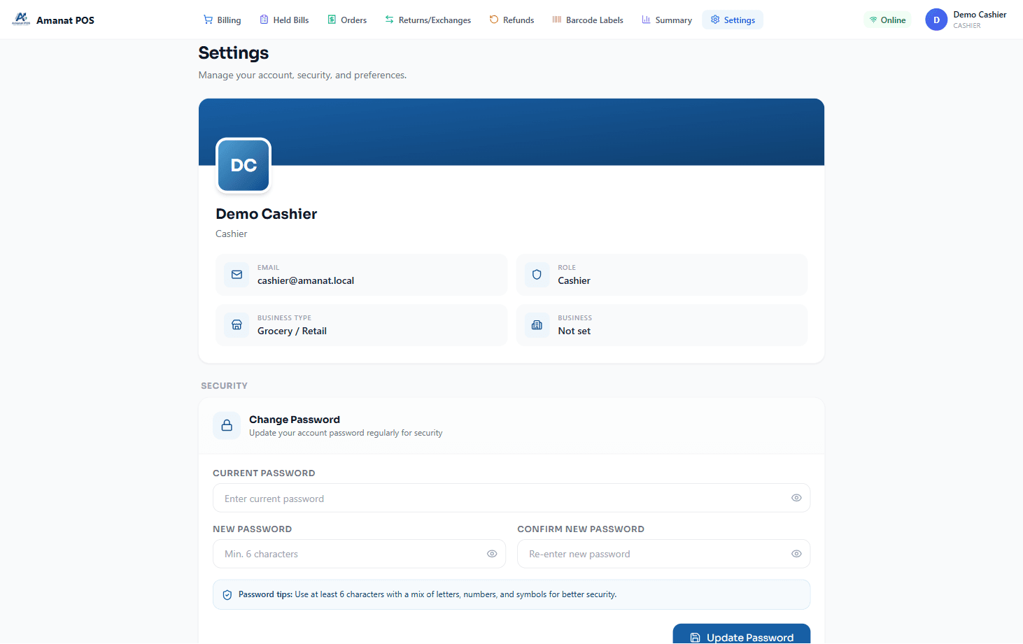 Settings — User profile, preferences & security