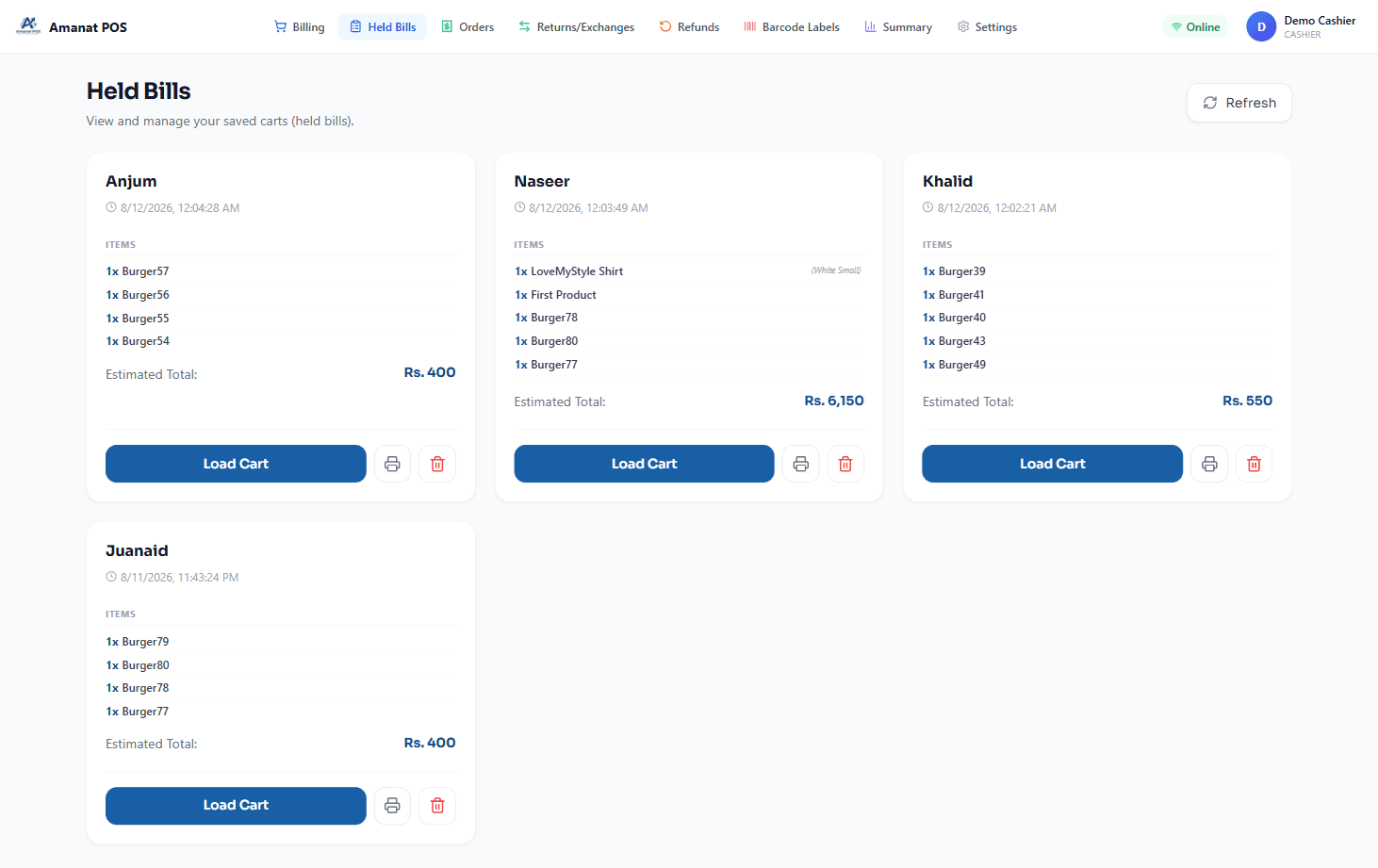 Held Bills — Save & manage pending customer bills